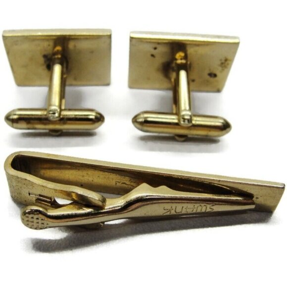 Vtg Swank Brushed Finish Cufflinks Tie Bar Set Gold Tone Tux Shirt Dress Suit - Picture 6 of 7